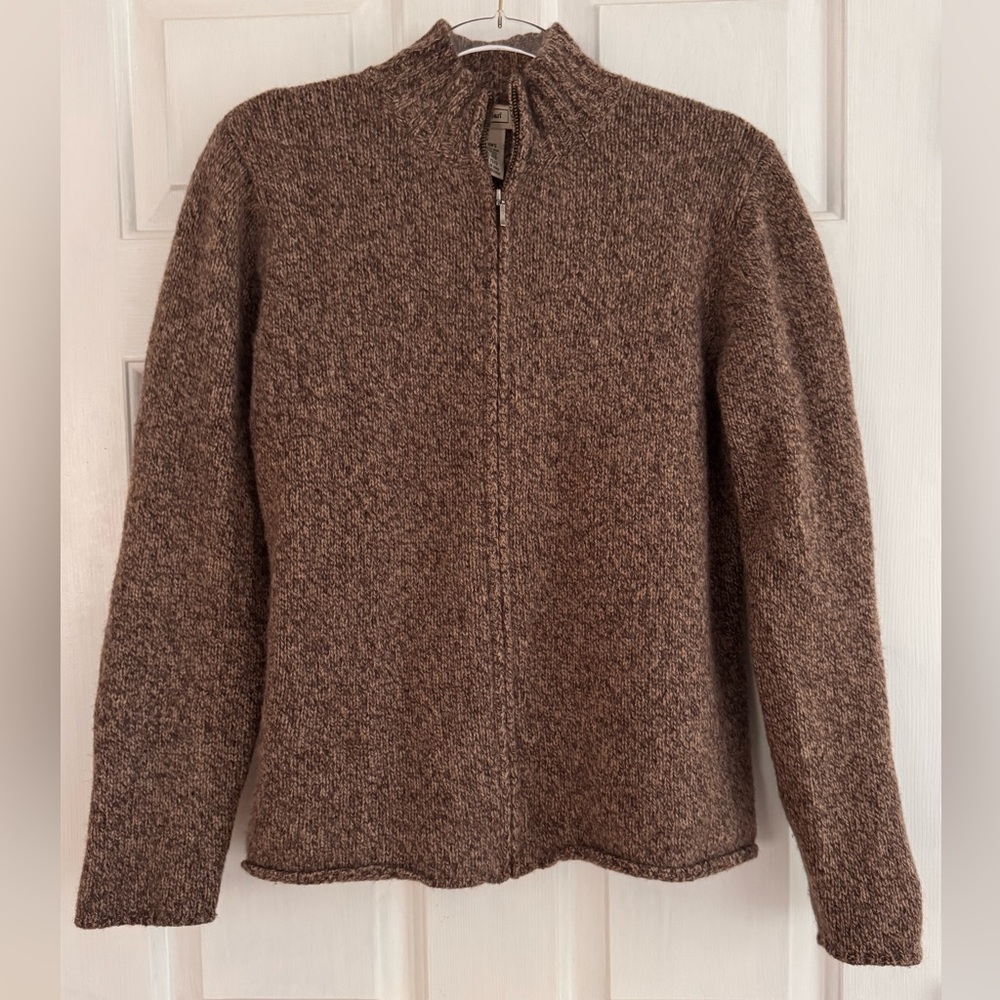 LL Bean Vintage Sweater Womens Large Brown Zip Cardigan Lambswool Angora Knit